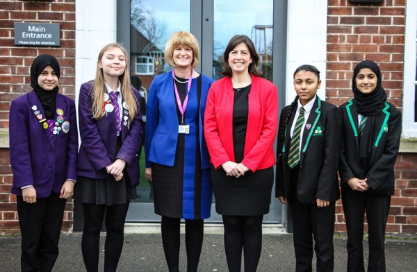 Students from both Whalley Range 11-18 High School and Levenshulme High School with Executive Headteacher Ms Patsy Kane OBE MA and Manchester Central MP Lucy Powell